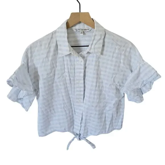 Cupcakes & Cashmere Sunnie Top Blue Gingham Tie-Hem Ruffle Sleeve M - Picture 3 of 5